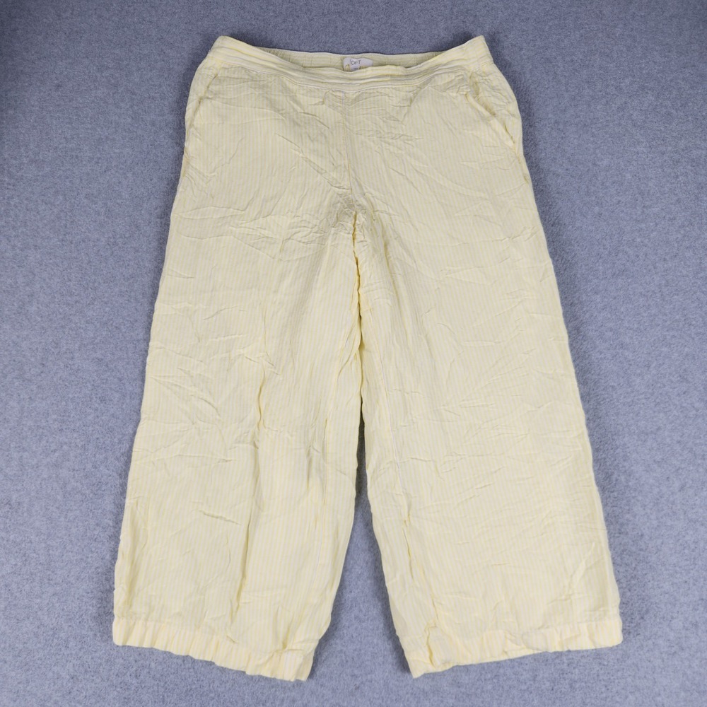 LOFT Crop Pants Womens Large Yellow White Pinstripe Linen Blend Wide Leg Casual